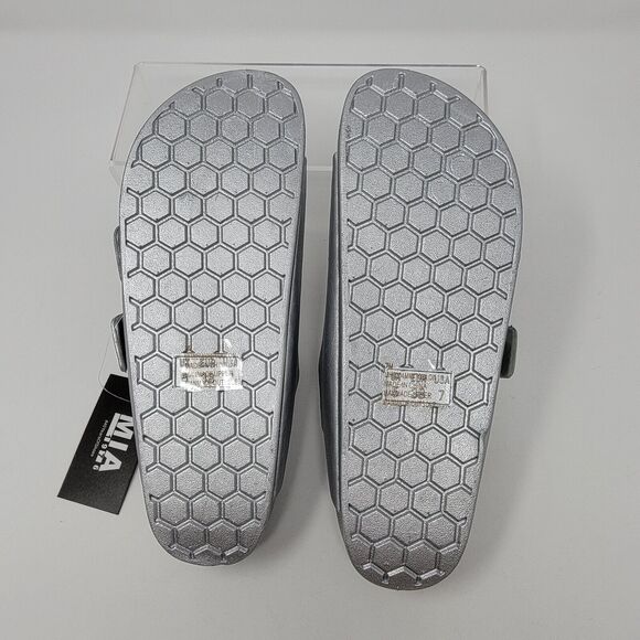 MIA Toulon Sandals Women’s 7 Slip On Two Buckle Comfort Shoe Silver - Picture 5 of 12